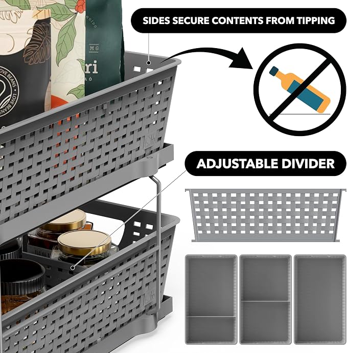 Simple Houseware 2 Tier Pull-Out Sliding Drawer Under Sink Storage, Gray | Great for Kitchen Bathroom Tray Shelf Organizer