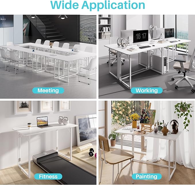 JOYMOOP White Folding Desk - 47.2", No Assembly Large Size Foldable Desk for Home, Office, Wooden Top Folding Computer Desk for Working, Writing, Studying