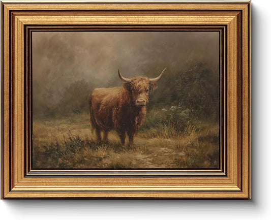 HUARCEY Gold Framed Vintage Wall Art for Living Room, Animals Painting Prints Shelf Decor for Kitchen, Aesthetic Bedroom Wall Art, Best Gifts for Friends or Family - Highland Cattle 10L x 8W