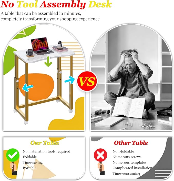 UDD No Tools Assembly Folding Desk, 23.6" Mobile Computer Desks with Wheels, Foldable Writing Fold Table, Portable Collapsible Work Craft Tables for Small Space Home Office Bedroom, White Gold