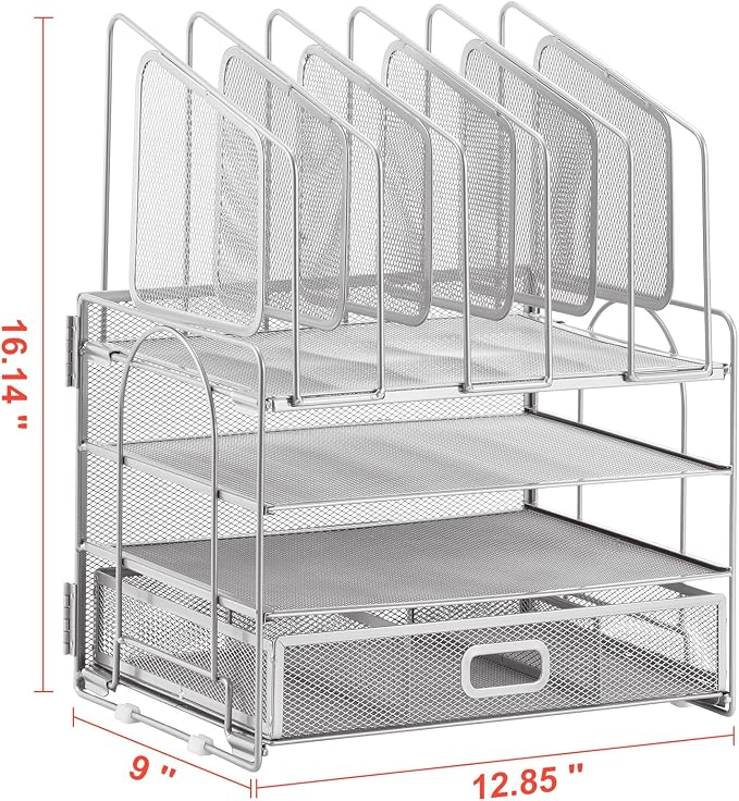 Marbrasse Desk Organizers, 4-Tier Mesh Desk File Organizer with 5 Vertical File Holders and 2 Pen Holders, Multifunction Desktop Organizer,Desk Organizers and Accessories for Home Office (Silver)