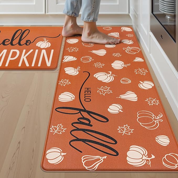 SHACOS Anti Fatigue Fall Kitchen Rugs Set of 2 Orange Mats Beige Pumpkins | Waterproof Non Slip Cushioned Kitchen Floor Mats Harvest Autumn Farmhouse Comfort Standing Mat 17x27.5+17x47"