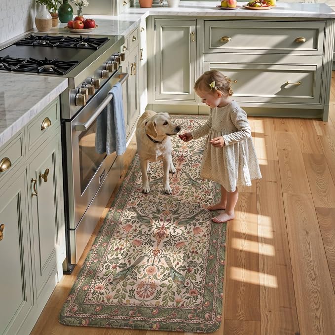KIMODE Kitchen Mats Anti Fatigue,Cushioned Kitchen Rugs Runner | Olive Green,Boho Floral Bird Kitchen Rugs Non Slip ,Wide Long Memory Foam Kitchen Floor Mat for Laundry Sink Office Home
