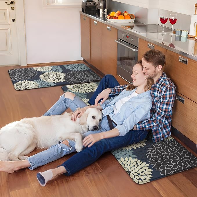 KIMODE Anti Fatigue Mats for Kitchen Floor Comfort Cushioned Rugs Sets of 2 | 20"x32"+20"x47",Blue,Floral Farmhouse, Waterproof,Ergonomic Standing Mat 2PCS,,Non Slip,Kitchen Sink Rug,Laundry Office