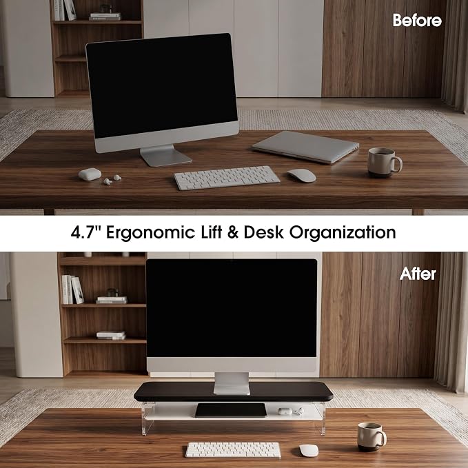 Fenge 23.6" Monitor Stand with Clear Acrylic Legs, Black | Clear Acrylic, Storage Compartment, 2-tier Home Office Monitor Riser, Wide Large Desktop Shelf Fit Monitor/Laptop/Printer