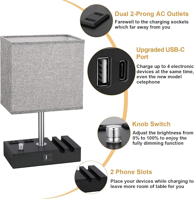 Kakanuo Fully Dimmable Nightstand Lamp for Bedroom with USB C Ports, Grey Small Bedside Table Lamp with Charging Outlets and Phone Stands, Wooden Desk Lamp for Living Room, LED Bulb Included