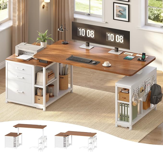 SEDETA Electric Standing Desk with 3 Fabric Drawers, 61" Height Adjustable Office Executive Desk with Storage Drawers, Stand up Computer Desk with Power Outlet for Home Office, White and Brown