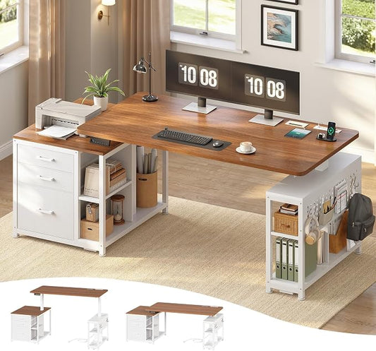 SEDETA Electric Standing Desk with 3 Fabric Drawers, 61" Height Adjustable Office Executive Desk with Storage Drawers, Stand up Computer Desk with Power Outlet for Home Office, White and Brown