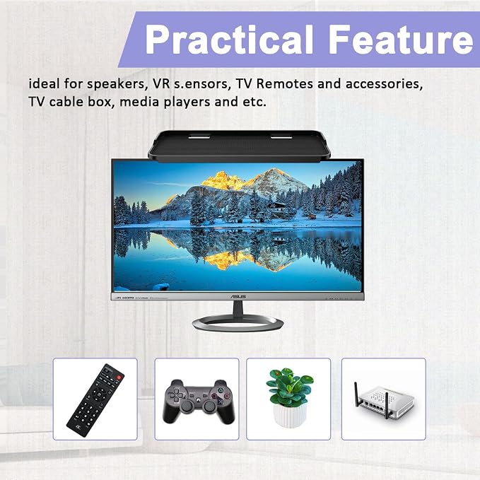 TETVIK TV Top Shelf Screen Adjustable Monitor Top Shelf Storage Bracket Tray Mount Computer Bracket for Cellphone Stand, Media Boxes, Game Console, Router, Speakers Black 2 Pieces