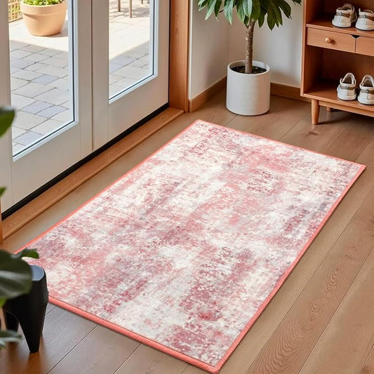 Macgace Washable Abstract Rug, 2x3 Small Modern Area Rugs with Non-Slip Rubber Backed for Kitchen, Thin but Soft Throw Carpet Bedroom Entryway Front Door Decor, Pink