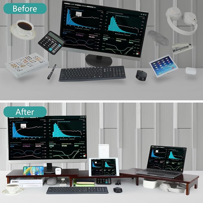 Nnewvante Dual Monitor Riser, 60 inch Bamboo Monitor Stand for Desk, Walnut | Adjustable Length Angle, 3 Shelves Desktop Screen Riser, For Computer Laptop PC