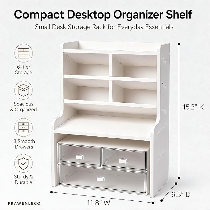 6-Tier Desktop Organizer Shelf, Small White Desk Storage Rack with Drawers, Multi-Layer Office Desk Organizer for Books, Stationery, Makeup, Study Room, Dorm, Home Office