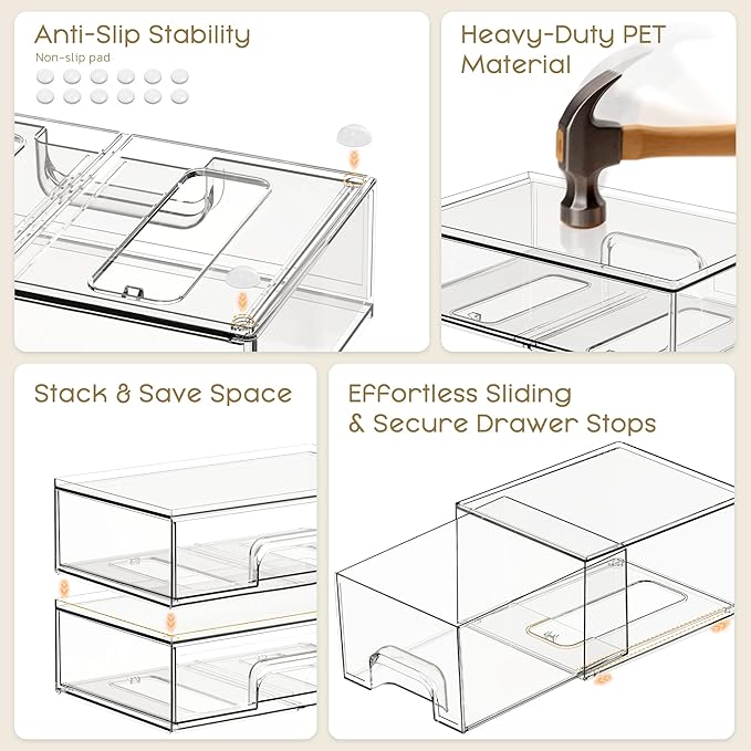 Stackable Storage Drawers, 3 Pack Clear Acrylic Makeup & Bathroom Organizer, Versatile Storage Bins for Vanity, Under Sink, Kitchen Cabinets & Pantry