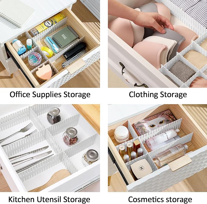 14.5 in White Adjustable Drawer Dividers, TWUTGAYW 8PC DIY Grid Drawer Organizer Dividers, Plastic Organizer Separator for Socks Underwear Makeup Cosmetic Clothes Can Help Tidy Kitchen Bedroom Dresser