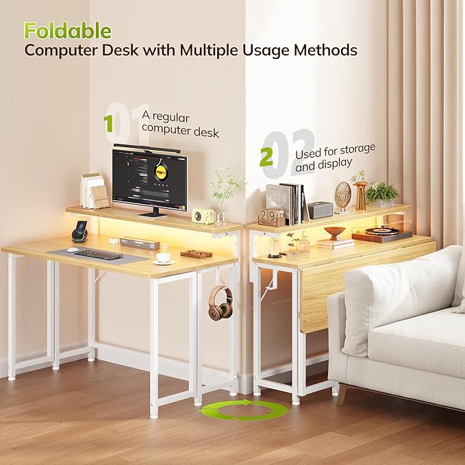 Folding Desk for Small Space,Foldable Computer Desk with Monitor Stand,31.5 Inch Small Desk with LED Lights for Bedroom Home Office,Writing Work Office Computer Desk with Hooks,Oak