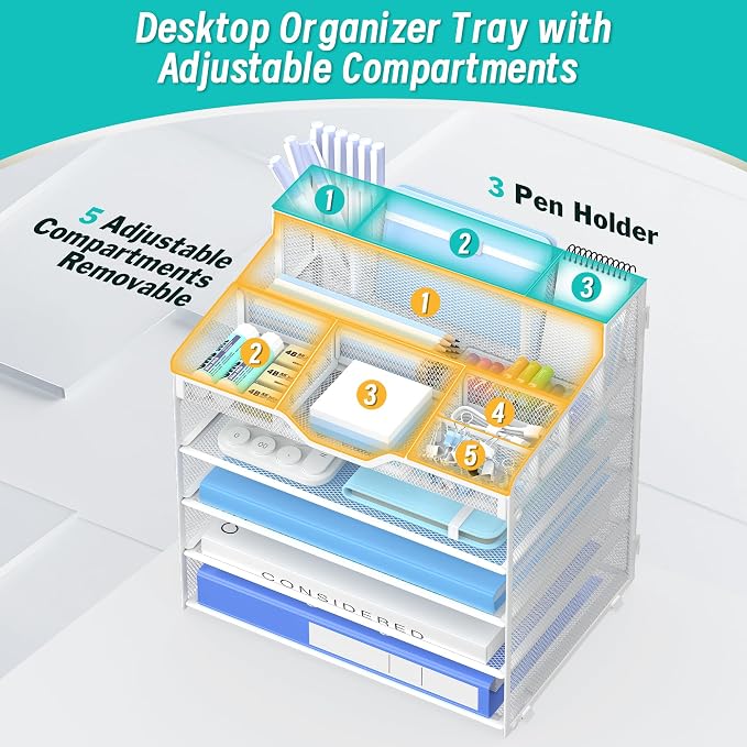 5 Tier Mesh Paper Desk Organizer with Pen Holders, White | Features 3 pen holders, and 5 adjustable compartments for office school home desk storage