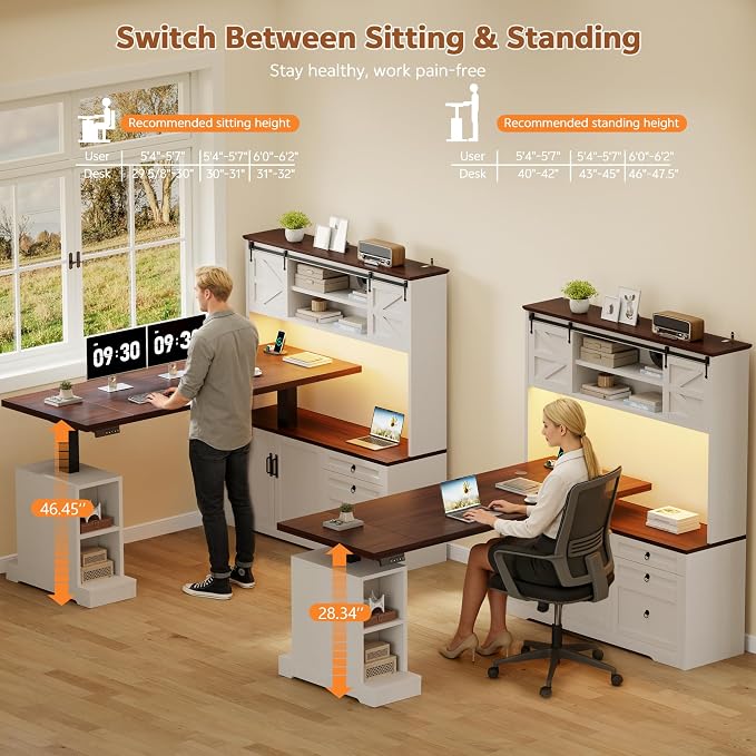 71" LED L Shaped Standing Desk with Hutch and Drawers, Farmhouse | Height Adjustable Corner Desk, Sit Stand Office Deskwith 4 AC Outlets & Type C, Executive Computer Desk with Cabinet, White