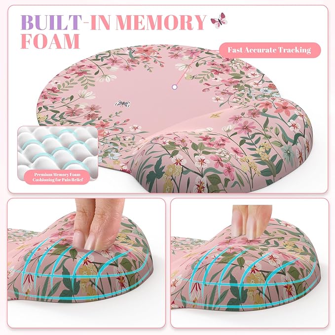 iCasso Desk Mat Set,Large Mouse Pad with Wrist Rest, Back to School Ergonomic Keyboard Wrist Support for Women,Girly Floral Computer Mat with Scalloped Edges,Non-Slip Desk Pad Home Office(Pink)