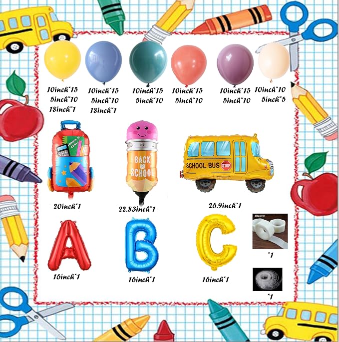 Back to School Balloons Garland Arch Kit Colorful Kindergarten Graduation Party Decorations With Pencil Bag Bus Letter ABC Foil Balloons for Welcome Back to School Preschool Graduation Party Supplies