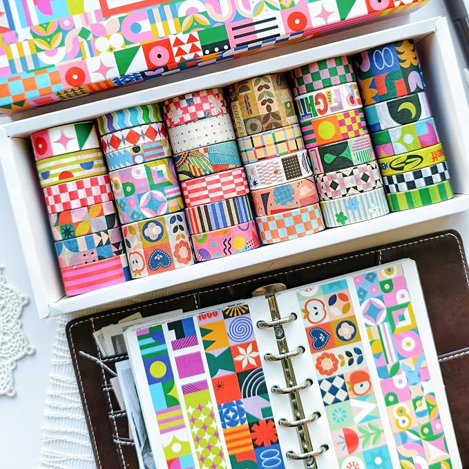 Bomichi Washi Tape Set - 34 Rolls Modern Geometric Pattern Washi Tape for Bullet Journaling, Scrapbooking, Planner Borders, DIY Collage Supplies,Gift Wrapping, School Supplies