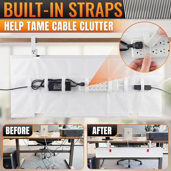 Under Desk Cable Management Tray 36" — No Drill Clamp-On Cord Organizer for Desk with Built-in Ties, Heavy Duty Metal Clamp, Foldable 600D Oxford Fabric for Home Office, WFH & Gaming PC Setup (White)