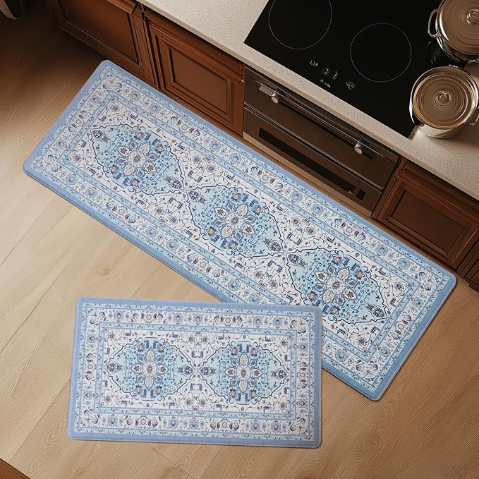 FRESHMINT Medallion Kitchen Mat Set 2 Piece, 17x30''+17x47'', Light Blue | Anti-Fatigue, Non Slip, Comfort, Kitchen Decor, Easy to Clean, Waterproof, Perfect for Kitchen, Laundry, Office