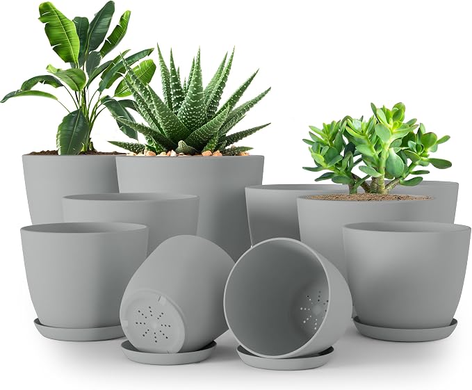 Utopia Home - Plant Pots Indoor with Drainage - 7/6.6/6/5.3/4.8 Inches Home Decor Flower Pots - Pack of 10 Plastic Planters for Indoor Plants, Cactus, Succulents Pot - Grey