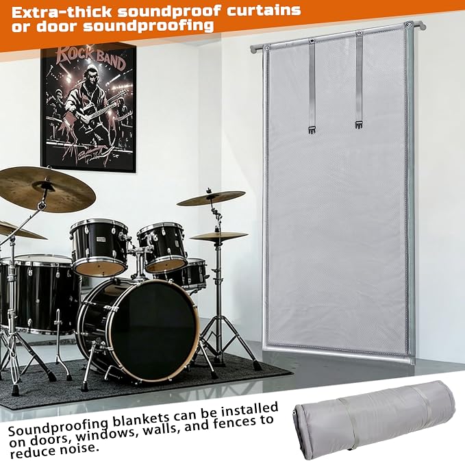 Soundproof Curtains 53" x 67" Acoustic Sound Barrier Dampening Blanket for Doors & Windows, Noise Blocking Blackout Curtain, Use for Recording Studio Home Office, Gray