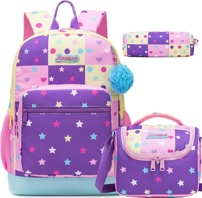 Kids Backpack for Girls 6-8,Girls Backpack for School,Kids Bookbag with Lunch Box,Pink Bookbag for Elementary Girl with Padded Straps