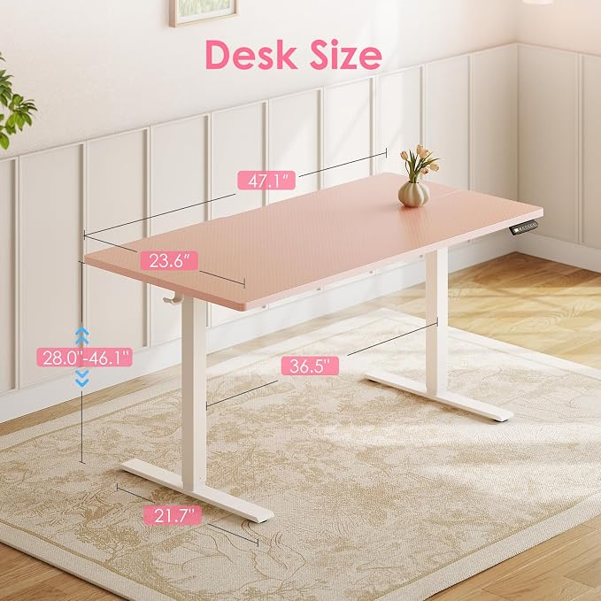 OffiGo 48" Pink Electric Standing Desk Height Adjustable for Home Office | 3 Memory Presets, Rear Cable Notch, Dual Side Hooks, Stand Up Desk for Bedroom, Study room, Home Office and Vanity Space