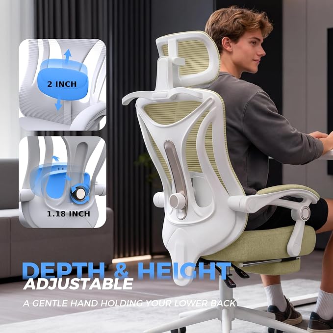 Ergonomic Office Chair - Adjustable Lumbar & Headrest, 90-160° Reclining with Footrest, Breathable Mesh Back - Home Office/Gaming Computer Chair