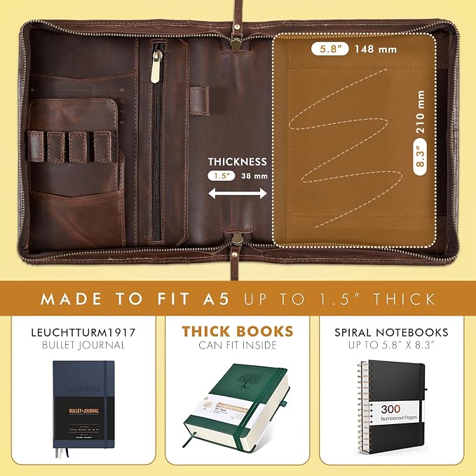 ELIZO Leather A5 Portfolio Padfolio Folio A5 Notebook Journal Cover Planner Binder Small Mens Business Work Folder Organizer (Buff)