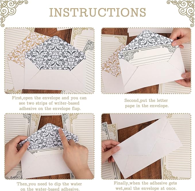AnyDesign 60 Sheets Vintage Stationery Paper with 30Pcs Self-Adhesive Envelopes Gold Black Border Letter Paper Liner Double-Sided Writing Paper for Birthday Wedding Invitation Thank You Greetings