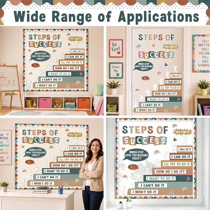 Motivational Bulletin Board Decorations Set Back to School Positive Classroom Decor Steps of Success Paper Cutouts Educational Sayings Accents for School Door Wall Chalkboard Decor Supplies (Boho)