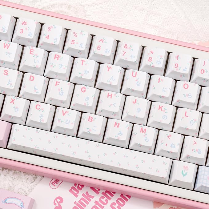 PBT Japanese Keycaps, Pink White Keycap, Floral Prints Custom Keycap Set 145 Full Keys, Cute Keycaps, Cherry Profile Keyboard Key Cap for Cherry Gateron MX Switches Mechanical Keyboard