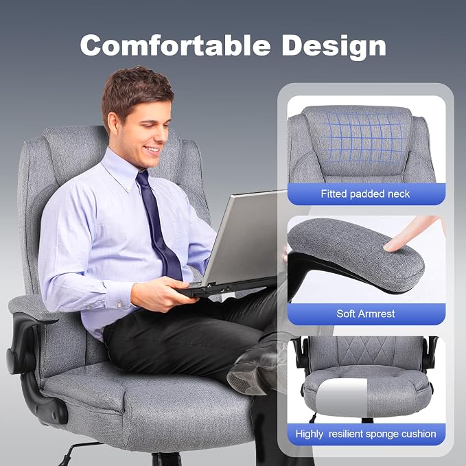 ralex-chair Big and Tall Office Chair -500 lb Office Chair for Big Man, Fabric High Back Office Desk Chair with 120° Tilt Rock,Computer Desk Chair with flip up arm - Light Gray
