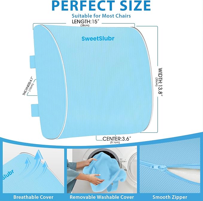 SweetSlubr Lumbar Support Pillow for Office Chair, Car & Gaming Chair, Ergonomic Memory Foam Cushion for Back Comfort,Zoned Back Support, Double Adjustable Straps(Light Blue,Large)