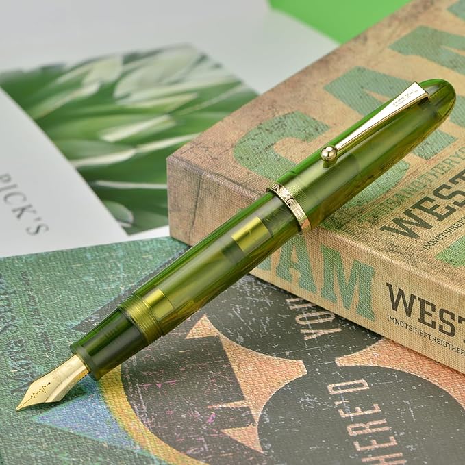 Jinhao 9019 DaDao Series Fountain Pen, Size 8 Fine Cardiogram Nib with Large Ink Converter, Transparent Olive Green Acrylic Design Smooth Writing Pen (Gold Trim)