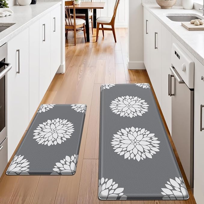 2PCS Kitchen Mats for Floor, Anti Fatigue Non-slip Water Resistant Grey Rug | Soft Kitchen Rugs for Home, Cushioned Standing Desk Mat, Comfort Mat for Office, Sink, Laundry, 17.3" x 47" + 17.3" x 30"
