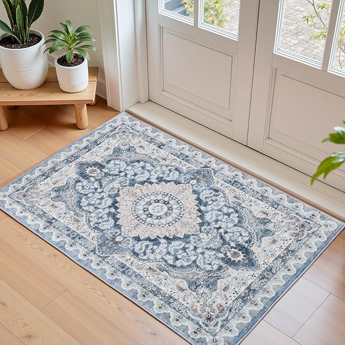 Macgace 2x3 Small Area Rug for Entryway, Soft Washable Rugs with Non-Slip Backing for Bedroom Kitchen, Vintage Throw Carpet Laundry Entry Door Decor, Blue & Beige