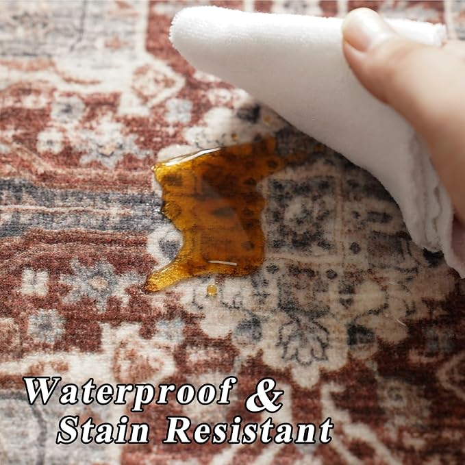 RUUGME Washable 9 ft Round Area Rug - Large Boho Rugs for Living Room Stain Resistant Carpet Vintage Tribal Rugs for Bedroom Kitchen Bathroom with Non Slip Backing Decor Floor Mat 9ft Brick