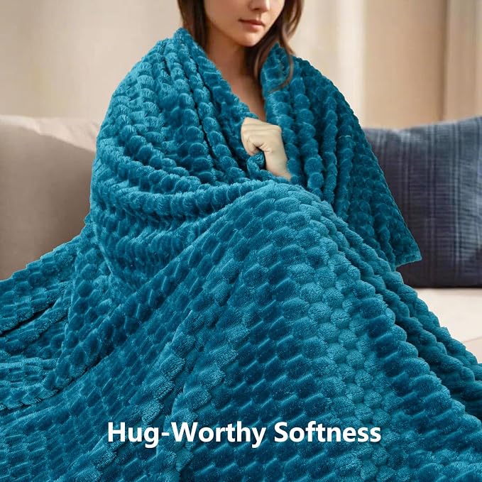 Vessia Flannel Fleece Throw Blanket(50x70 inch), 3D Jacquard Blue Fuzzy and Warm Blanket for Couch,Sofa,Bed, 300GSM Super Soft Touch Cozy Lightweight Throw for All-Season Home Decor