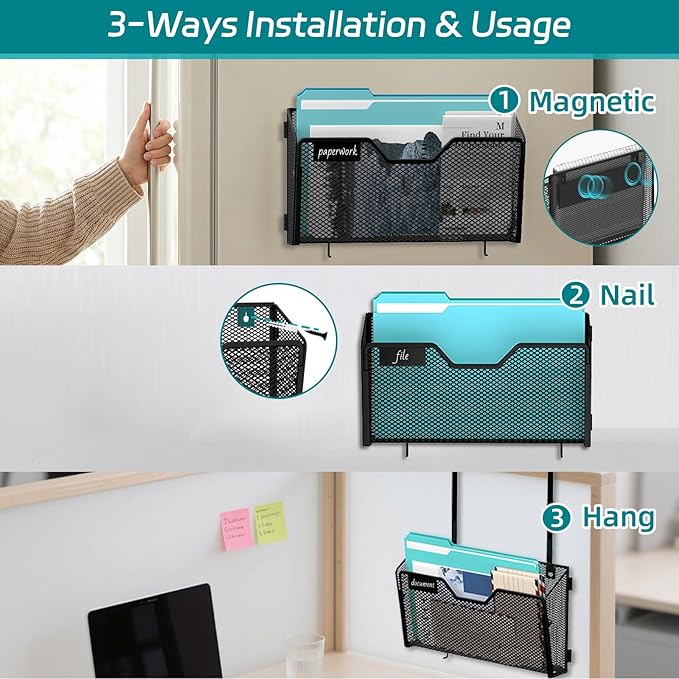 3 Pack Magnetic File Holder Wall File Organizer with Label Panel and 2 Hooks Magnetic Paper Mail Holder for File Office, Cabinets and Whiteboard, Black
