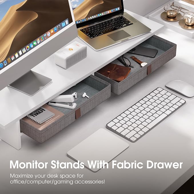 Fenge 35 Inch Monitor Stand with Drawer Storage, Computer Riser for Desk | Wooden Computer Shelf, 2 Tiers, for Dual Monitor/Laptop/PC/TV/Printer up to 55Lbs, Home Office Desk Organizer