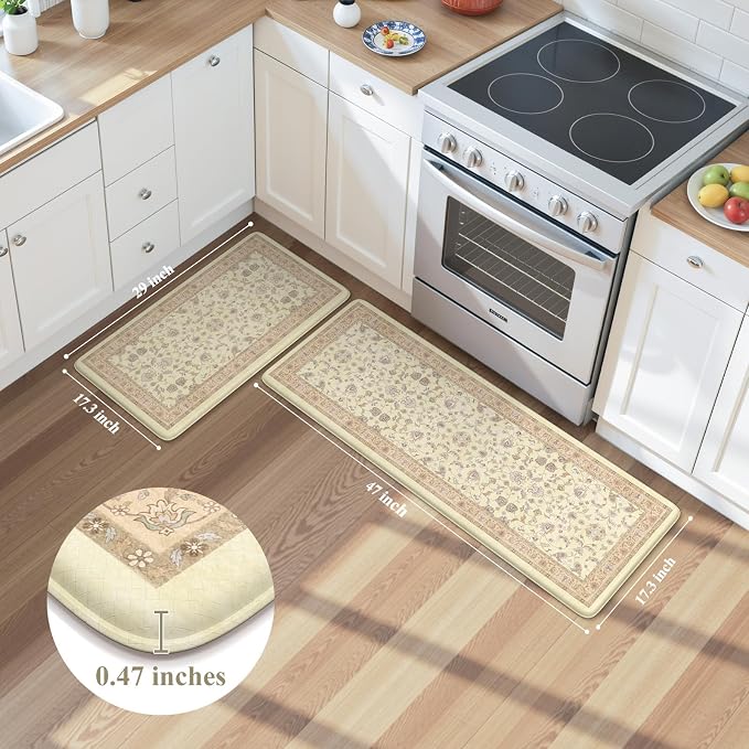 KIMODE Cushioned Kitchen Mats for Floor,Anti Fatigue Kitchen Rug Sets of 2 | Beige,Padded Kitchen Mats,Memory Foam Kitchen Mat Waterproof, Vintage Kitchen Rugs Non Slip for Laundry Office Home Decor