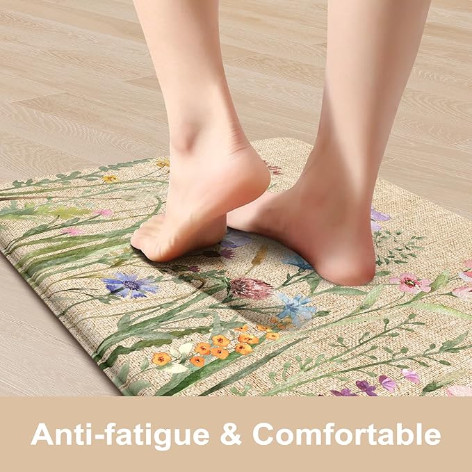 KIMODE Anti Fatigue Mats for Kitchen Floor 17.3"x29", Cushioned Kitchen Rugs, Non Slip Waterproof Kitchen Floor Mat, Floral Comfort Standing Mat for Laundry, Office, Sink, Desk Brown