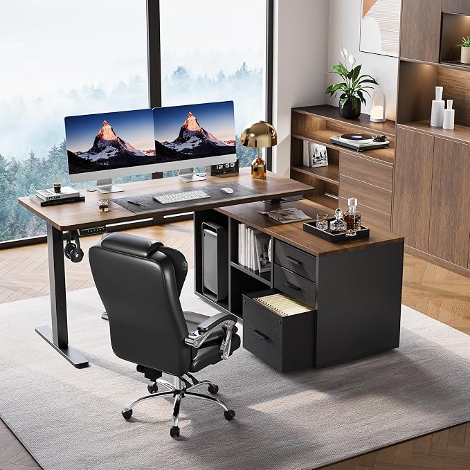 HUANUO 55 Inch L Shaped Standing Desk with Drawers, Electric Executive Desk with File Cabinet Sets, Adjustable Height Stand Up Desk, Home Office Computer Desk with 4 Memory Presets, Walnut