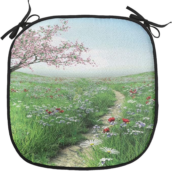 Lunarable Flower Chair Cushion Pads Set of 6, Pathway with Cherry Blossom Tree Wildflowers Grassland Country Village Nature Art, Anti-Slip Seat Padding for Kitchen & Patio, 16"x16", Green Blue