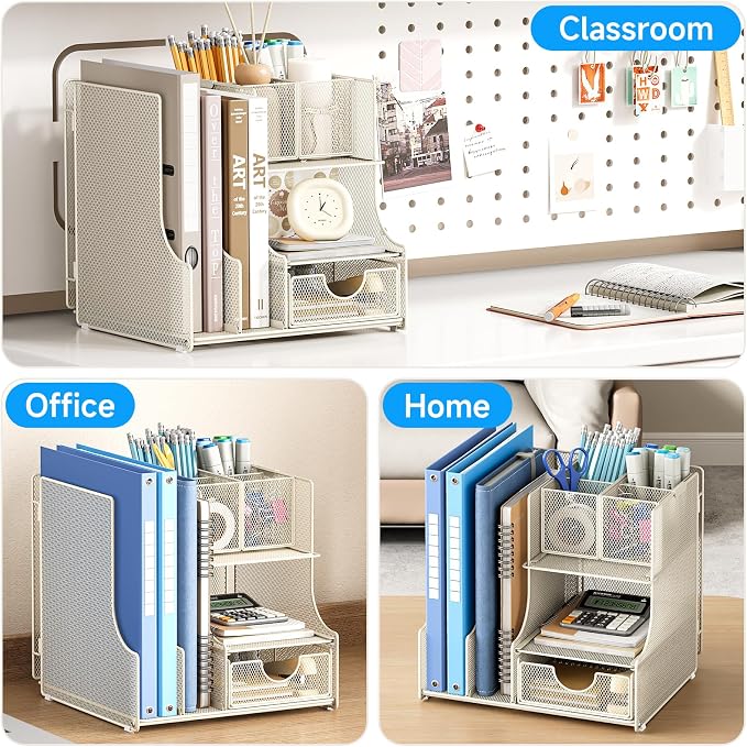 Lavatino Desk Organizer – 4-in-1 White Mesh Office Supplies Organizer with Pen Holder, File Holder, Desktop Tray, and Drawer for Home, Office, Classroom
