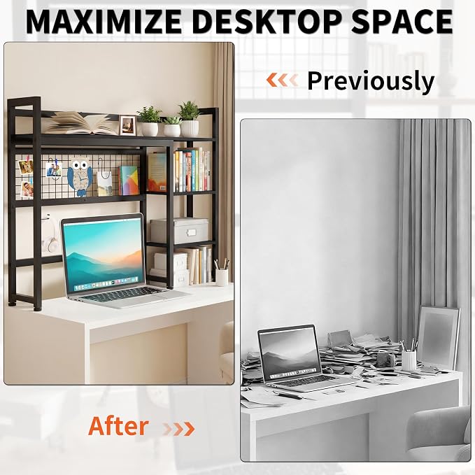 Desktop Shelf, 38.5'' Desktop Organizer Shelf for Computer Monitor, 4 Tier Hutch Storage Rack for Home Office Dorm, Black